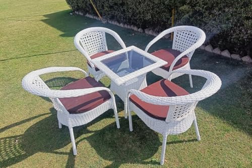 Image of PRATHAM India Patio 4+1 Furniture Set Bistro Set Porch Backyard Garden Outdoor Furniture Rattan Chairs and Table Wicker Conversation Set (White with Black Lines, Brown Cushion 4+1 Square Table)