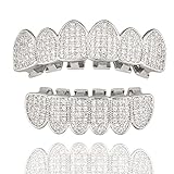18K Plated Gold Diamond Grills Teeth Grillz for Men Women Hip Hop Silver Gold Mouth Grills for Your Teeth Top and Bottom Iced Out Grillz for Joker Rapper Costume Cosplay Jewelry(Silver-6)