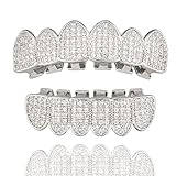 18K Plated Gold Diamond Grills Teeth Grillz for Men Women Hip Hop Silver Gold Mouth Grills for Your Teeth Top and Bottom Iced Out Grillz for Joker Rapper Costume Cosplay Jewelry(Silver-6)