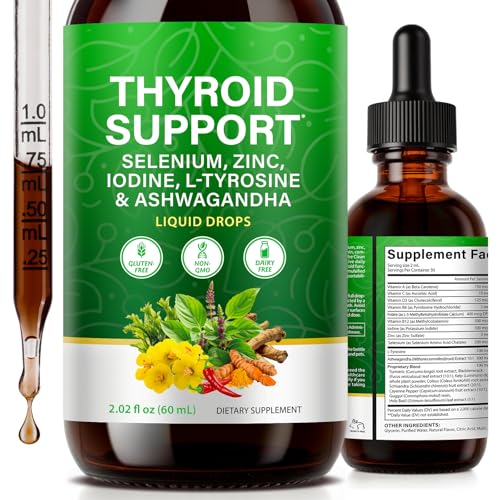 Thyroid Support Drops Natural Iodine Supplement with Selenium Zinc L-Tyrosine & Ashwagandha Fast Absorbing for Thyroid Health Energy & Focus Men & Women 60ml