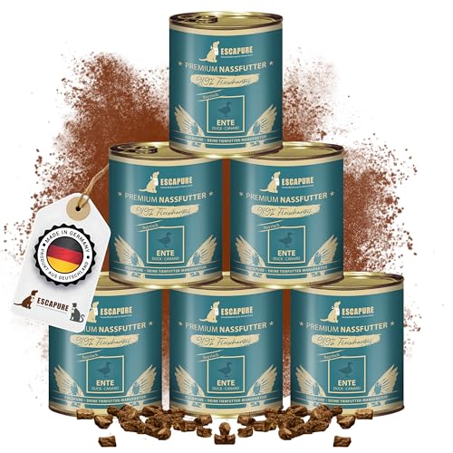 Escapure Nassfutter Ente Menü 6 x 800g Dose - 91,9% Entenfleisch Hundefutter - Dosenfutter Duck ohne Zusatzstoffe - Alleinfuttermittel für ausgewachsene Hunde frei von Getreide