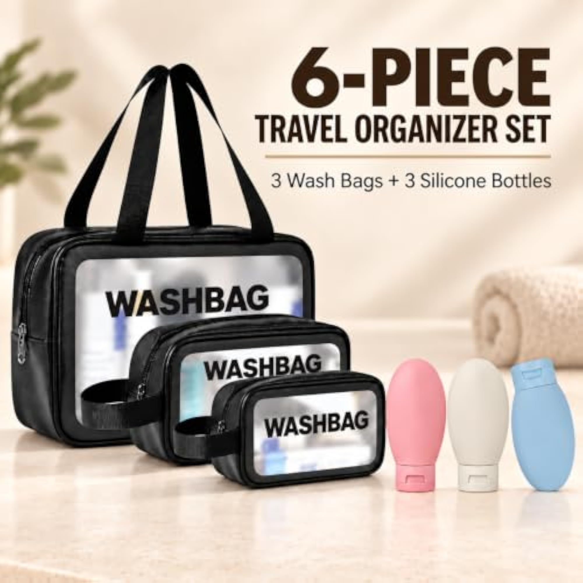 Wash Bag Set for Women & Men with Silicone Bottles