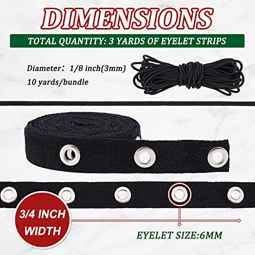 BENECREAT 3 Yard/2.74M 20mm Wide Black Cotton Grommet Eyelet Twill Tape Trim with 10Yards/9M 3mm Round Polyester Braided Ribbons for Sewing Crafts Making - Image 2