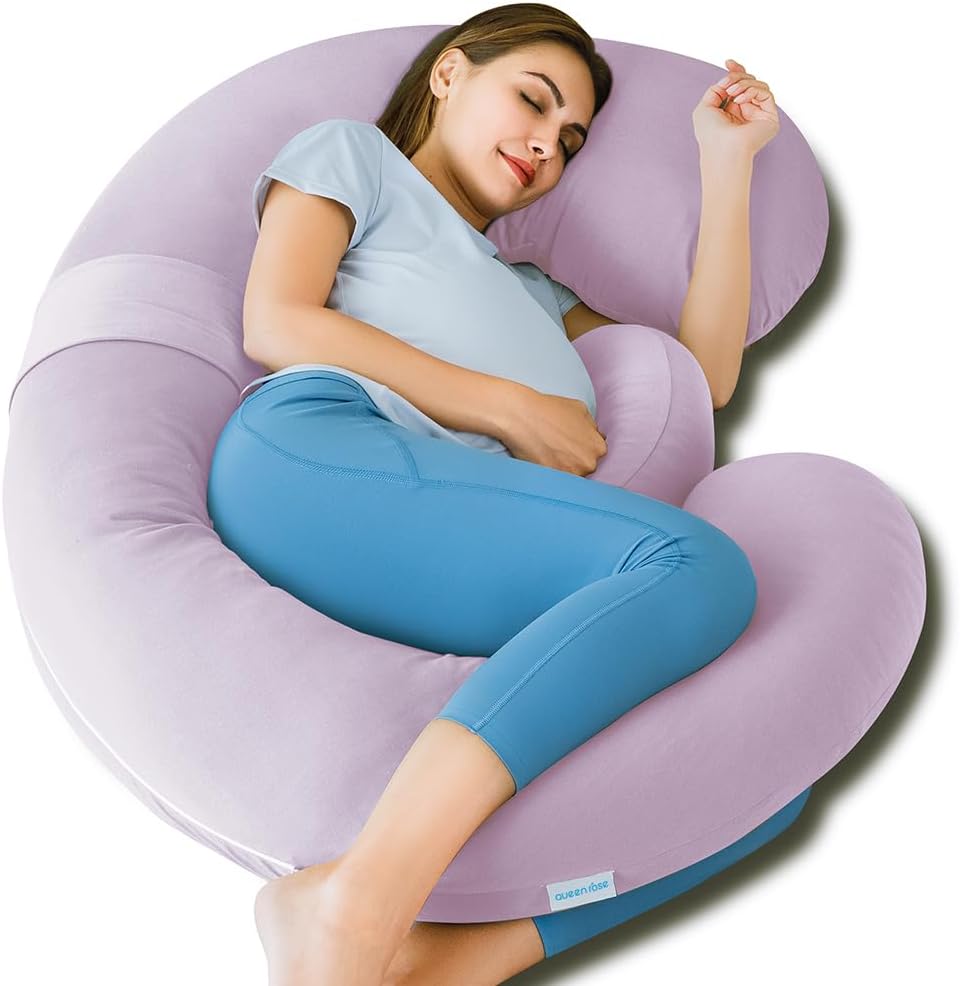 QUEEN ROSE Cooling Pregnancy Pillows,E Shaped Full Body Pillow for Sleeping, with Pregnancy Wedge Pillow for Belly Support, 60 Inch Maternity Pillow for Side Sleeper, Cooling Rayon Cover, Purple