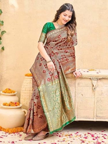 Image of Satrani Women's Silk Banarasi Weaving Saree with Unstitched Blouse Piece