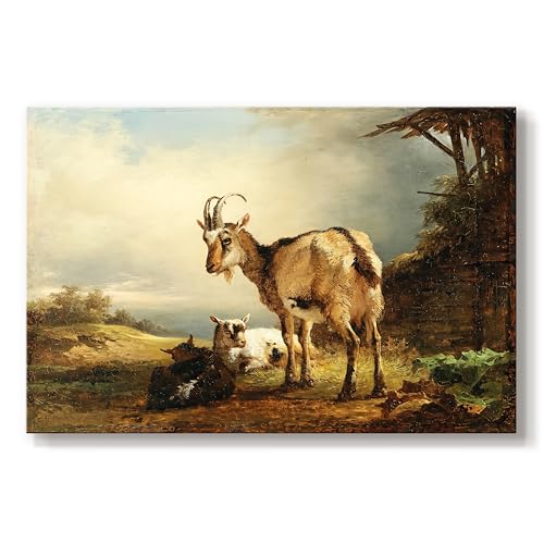 Renditions Gallery Wall Art Abstract Goat and Kid In Rustic Landscape by Friedrich Gauermann Art Piece Paintings & Prints for Bedroom Office Drawing room - 36" L x 24" W GAL088
