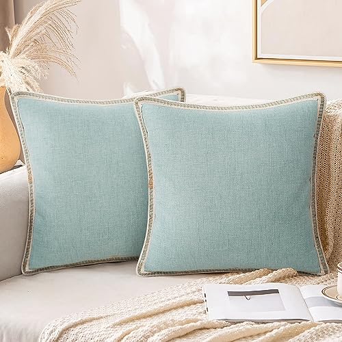 Merrycolor Juego de 2 Boho Fundas de Cojín Decorativas de Granja 45x45cm Fundas de Almohada Texturizadas Lino de arpillera Bordes Personalizados Almohadas para sofá (45x45cm/18 * 18inch, Turquesa)