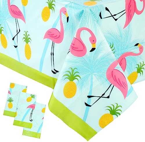 Juvale 3-Pack Flamingo Tablecloth for Pineapple Birthday Decorations, Plastic Table Cover for Tropical Hawaiian and Flamingo Party Supplies, Summer Pool Party (54x108 Inches)