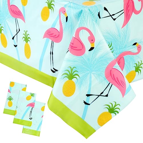 3-Pack Flamingo Pattern Tablecloth for Pineapple Themed Birthday Decorations, Plastic Table Cover for Tropical Hawaiian and Flamingo Themed Party Supplies, Summer Pool Party (54x108 Inches)