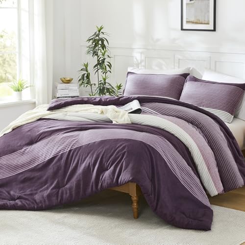 Edredón morado Queen reversible y ligero con juego de cama de rayas esponjoso 4