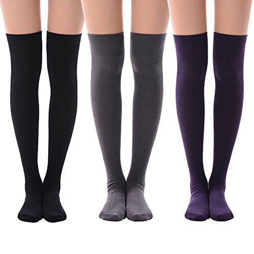 Cotton Leg Warmers Socks Grey Thigh Highs, MEIKAN Girls Sexy Party Costume Black Knee High School Uniform Socks 3 Pairs (Purple,Dim Gray,Black)