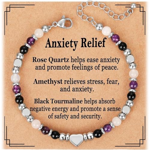 Image of Natural Stone Triple Protection Crystal Bracelet for Women, Healing Gemstone Anxiety Relief Empath Protection Bracelets, New Beginnings Good Luck Crystal Jewelry Gift for Mum Daughter Friends Girls
