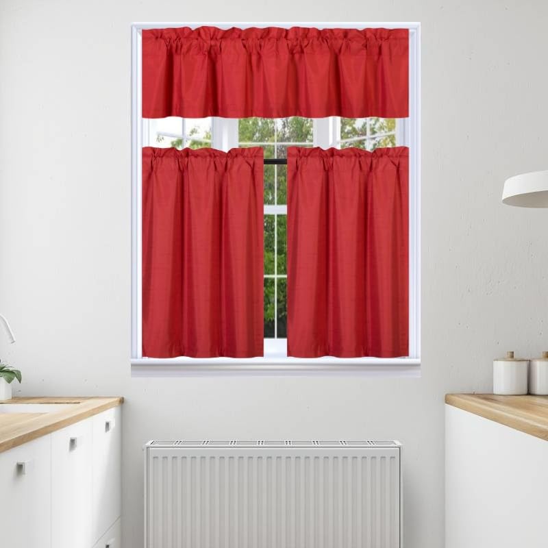 3Pc Set Solid Faux Silk Lined Blackout Rod Pocket Small Kitchen Window Curtain with Valance (K3) (RED)