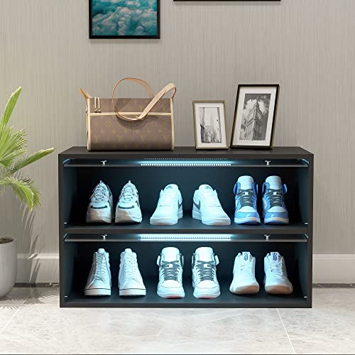 Fuqiaotec Black Shoe Rack With 10 Colours Led Lights, Shoe Storage Cabinet For Up To 6 Pairs Of Shoes, Wood Shoe Shelf With Sliding Glass Doors, Premium Shoe Box #TOP6