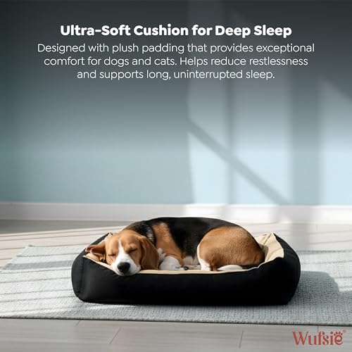 Image of Reversible Rectangle Dog Bed | Medium 60 X 75 Cm Pet Bed for Dogs and Cats | Premium Velvet, Washable Fabric | Soft Sofa-Style Bed for Dog with Thick 15 Cm Insert | Black & Cream