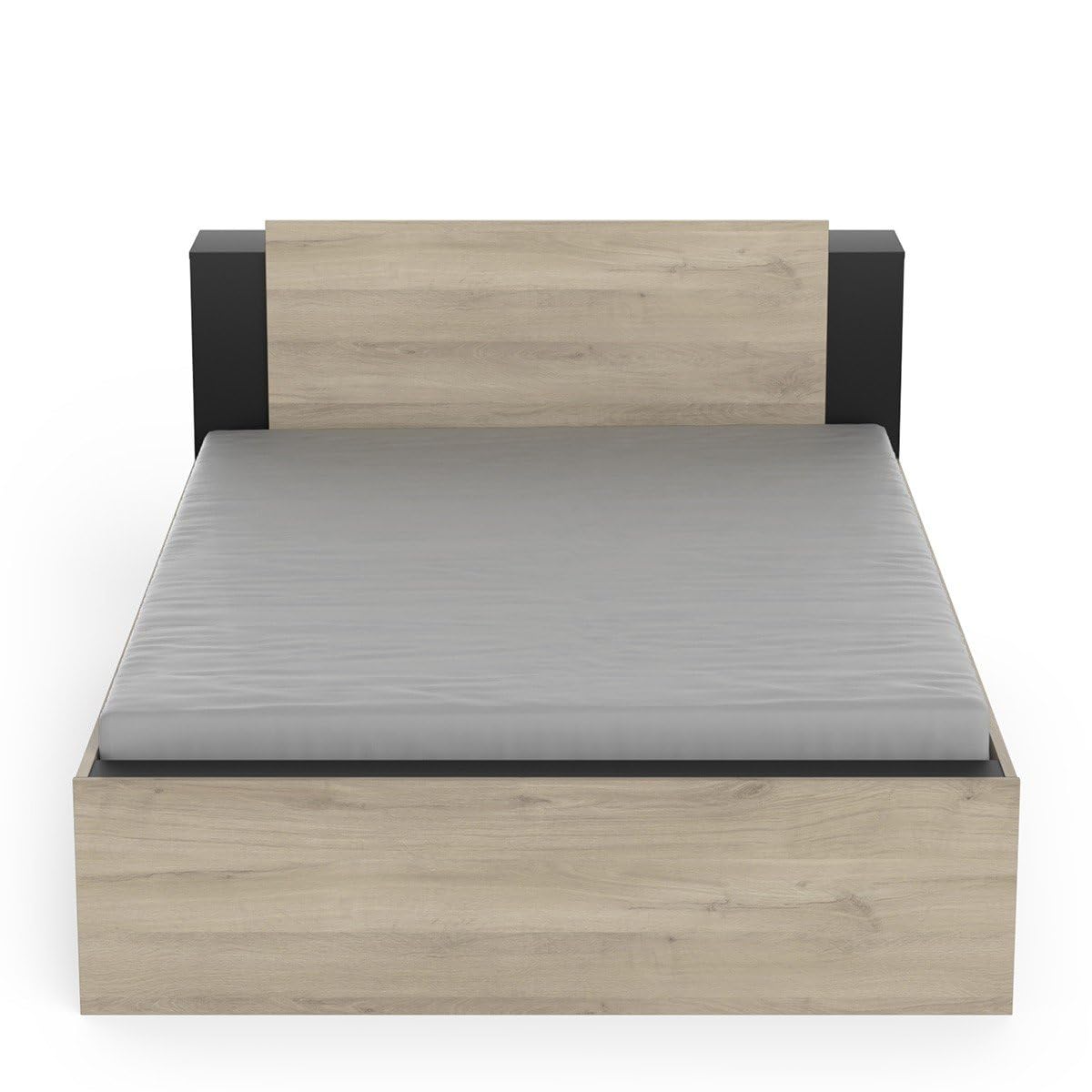 Lit 140 x 190/200 avec Rangement Industriel 2 Tiroirs 2 Niches – Coloris Noir Mat & Chêne Clair - 144,7 x 227 x 87,7 cm