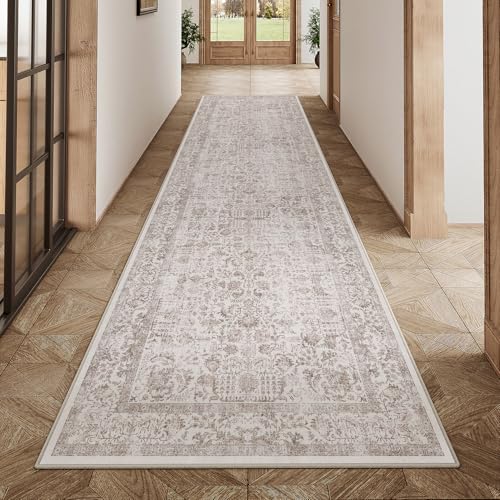 Light Brown Runner Rug 2x10 Hallway Machine Washable Kitchen Vintage Distressed Non Slip Long Carpet Indoor Retro Floral Bedroom Accent Throw Rug for Bathroom Office Laundry Dining Room