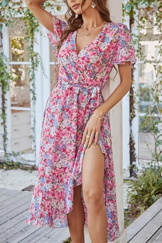 PRETTYGARDEN Women's Summer Floral Boho Maxi Dress Wrap Short Sleeve V Neck Ruffle A-Line Flowy Wedding Guest Long Dresses