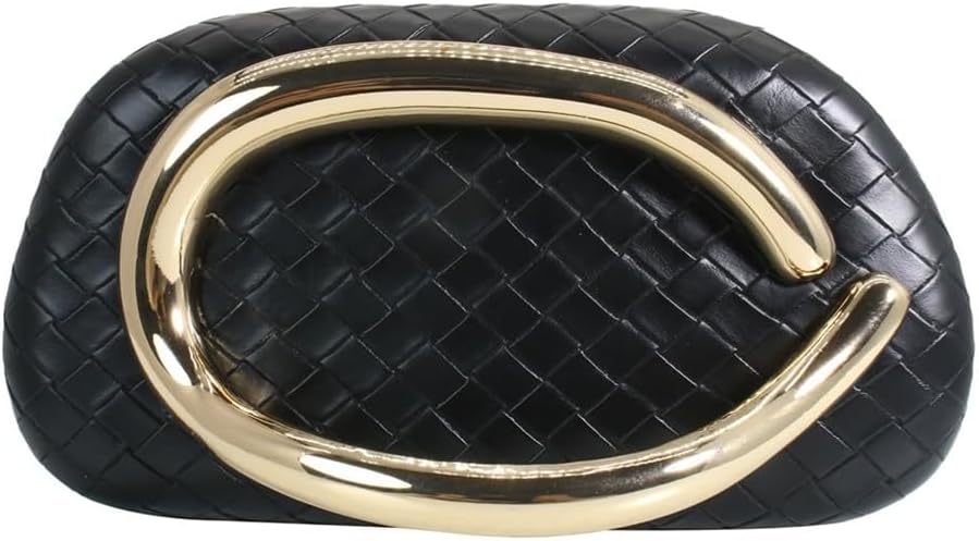 Women Woven PU Leather Clutch Box Metal Handle Evening Bag Trendy Leather Handbag Weave Shoulder Purse for Causal