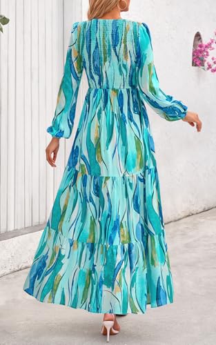 Image of PRETTYGARDEN Women's Fall Dresses 2026 Long Sleeve Flowy Casual Floral Maxi Dress Crew Neck Smocked Tiered Long Dress