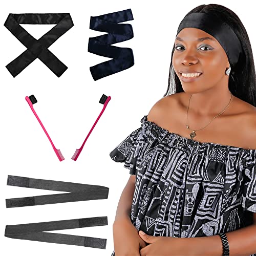 2 Pcs Elastic Bands for Wig and 2 Pcs Satin Edge Wrap to Lay Edges Set with 2 Pcs Edge Brush, 1 Dark Blue Edge Scarf to Lay Edges and 1 Available Hair Black Wig Band for Edges, Non-slip Lace Melting Band for Women Girls Makeup