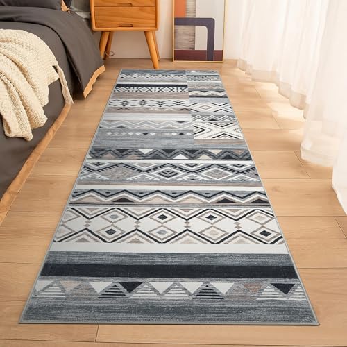 GarveeHome Vintage Patchwork Runner Rug 2x6 Washable Grey Runners for Hallway, Non Slip Geometric Carpet, Stain Resistant Tribal Soft Mat, Low Pile Foldable Floor Cover for Entryway Bathroom Bedroom