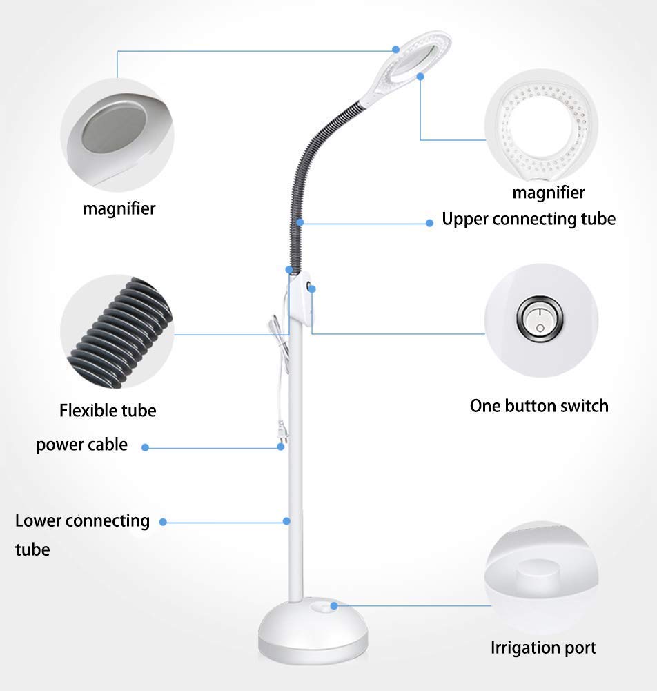 Lámpara de pie con lupa Lámpara de pie con lupa LED 5x - Lente de vidrio iluminada con lupa de espectro completo brillante de luz diurna - Lámpara de pie con cuello de cisne ajustable en altura