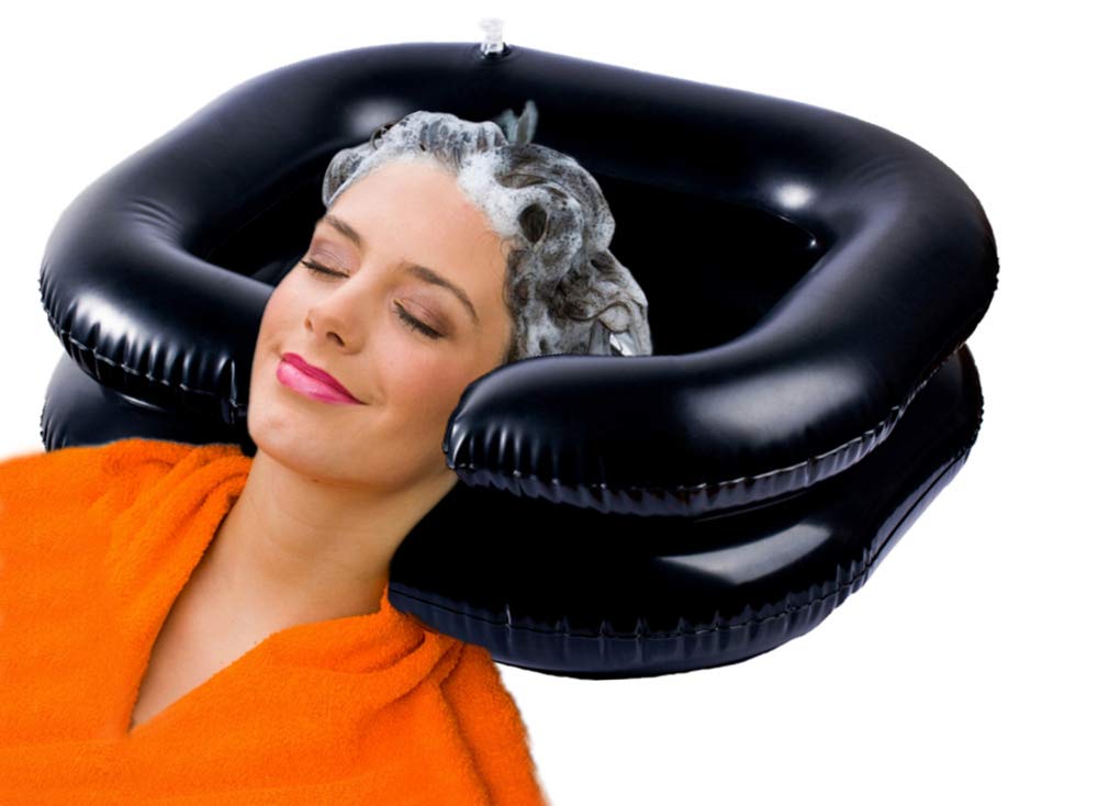 Inflatable Shampoo Basin for Bedside, Shampoo Tub for Locs, Portable Shampoo Bowl for Elderly, Disabled, Pregnant, Injured, Bedridden, Handicapped, Hair Washing Tray for Sink at Home (B-Black)