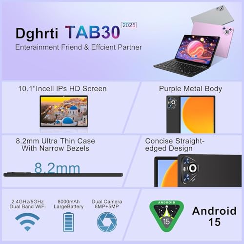 Image of 2026 Android 15 Tablet, 10.1 inch IPS HD Tablet with Keyboard & Mouse, 30GB RAM+128GB ROM (Expand to 1TB), Widevine L1, 8000mAh Battery, 5MP+8MP Dual Camera, 2.4G /5G WiFi, Bluetooth 5.0, GPS - Metal Black