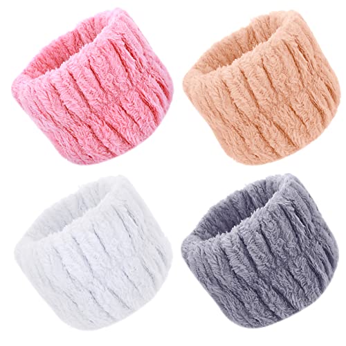 Cobee 4Pcs Spa Bracelets de Toilette en Polaire Corail pour Le Lavage du Visage Serviette en Microfibre pour Le Lavage des Cheveux Bandeau élastique pour la Douche Le Maquillage(Rose,Blanc,Gris,Kaki) Cover