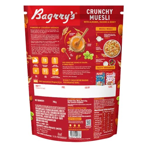 Image of Bagrry's Crunchy Muesli - 750g | 83% Multigrain, Brans, Almonds, Raisins & Honey | 40% Fibre Rich Oats | High Fibre and Protein Breakfast Cereal | No Added Preservatives | Non-GMO Oats | 100% Natural | Trans Fat & Cholesterol Free