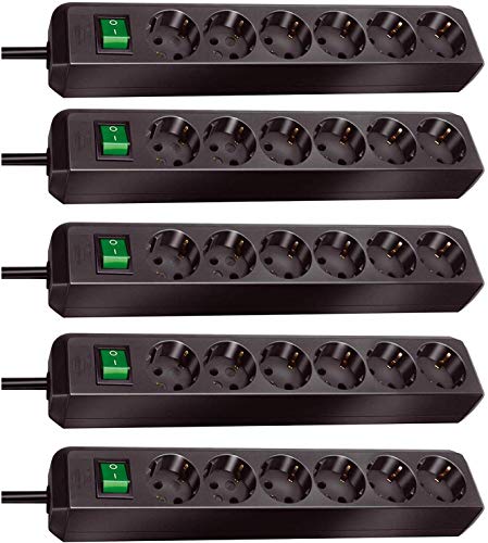 Brennenstuhl Eco-Line, Steckdosenleiste 6-Fach Mehrfachsteckdose mit erhöhtem Berührungsschutz, Schalter und 1,5m Kabel (schwarz | 5er Pack)