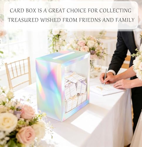 Image of SietDESEO Iridescent Card Box for Party with Clear Window Large Gift Card Box Holder for Wedding Reception Birthday Graduation Baby Shower Raffle Ticket Box