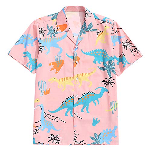 ZAFUL Men' s Regular-fit Casual Short Sleeves Button Up Shirt Animal Dinosaur Print Tropical Hawaiian Beach Shirt Orange Pink