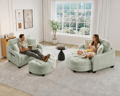 Image of Oversized Chair and A Half, Chenille Tufting Accent Cozy Reading Sofa Chair with Storage Ottoman, Upholstered Loveseat Chaise Lounge Sofa with Adjustable Back for Living Room, Office, Sunroom,Cyan