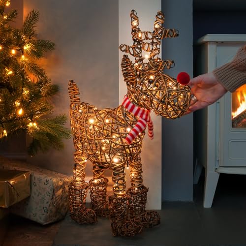 Festive Lights - Figura di renna in vimini marrone Rudolph dal naso rosso, 63 cm, 80 LED bianco caldo, alimentata a batteria, per interni ed esterni, multifunzione, decorazione natalizia con timer di