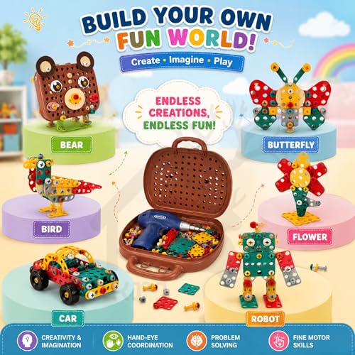 Image of Creative Tool Box Building Set with Electric Drill & Screwdriver | 203 Pieces Mosaic Puzzle Construction Toy, STEM Learning Kit with Colorful Nuts & Bolts for Kids 3+ Years (Multicolor)