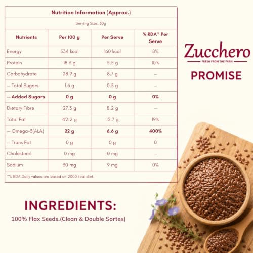 Image of Zucchero Flax Seeds (1kg) - Double Sortex Clean Alsi Seeds for eating | Omega-3 fatty acids | 27g Fibre | Healthy Heart| Promote Healthy Skin & Hair | Rich in Iron