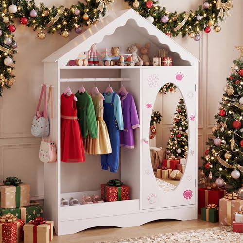 HONEY JOY Kids Clothing Rack with Mirror, Children Dress Up Center w/Open Hanging Rack, Shelves & Hooks, Kids Armoire and Costume Storage Organiser for Bedroom, Playroom (White)