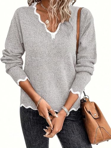 Binding V Neck Long Sleeve Sweater Jumper Tops Women's Classic-Fit Pullover Sweater4