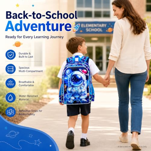 Image of 3Pcs Space Backpack for School, Boys Astronaut Bookbag with Lunch Box, 16 inch Kids Backpacks for Elementary Preschool Kindergarten (Blue)
