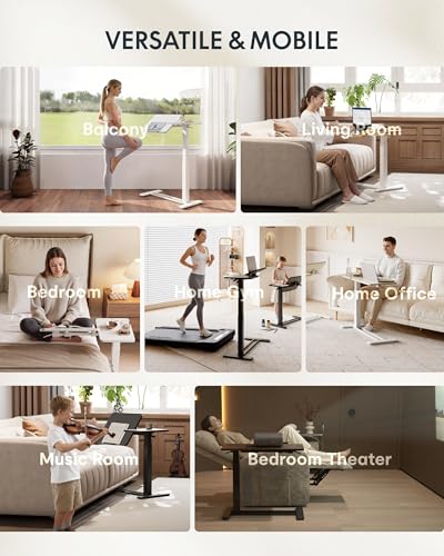 Image of FLEXISPOT Adjustable Height C-Shaped End Table with Single-Side Tilting Top, Mobile Side Table for Sofa & Bedside, Slides Under Furniture, Hidden Wheels for Small Spaces, 27.6 inch W x 15.7 inch D, White