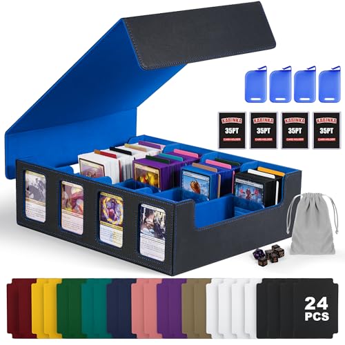 Image of Trading Card Storage Box with Commander Display , 4-Row Deck Case with Removable Lid; 2400+ Card Deck Box for MTG TCG Sports Card, 4 Top Loaders, 4 Stoppers, 24 Dividers,1 Dice Bag (Black Blue)