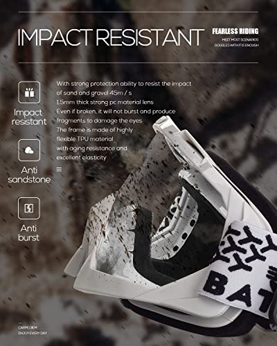 Image of BATFOX Dirt Bike ATV Goggles Motorcycle Glasses Riding Motocross 4-Wheeler MX DH Accessories for Men Women Youth UV Protection Safety Dust-Proof Anti-Slip Strap(Clear-White)