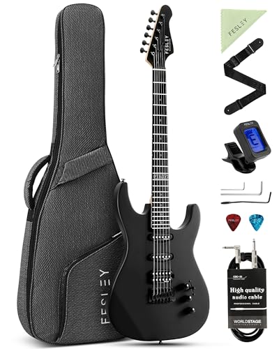 Fesley 39 inch Electric Guitar, Electric Guitar Kit HSS Pickup Coil Split, Stylish Poplar Solid Body Electric Guitar for Beginner, Maple Neck, ST Style 6 String Guitar with Gig Bag, FST400M, Black