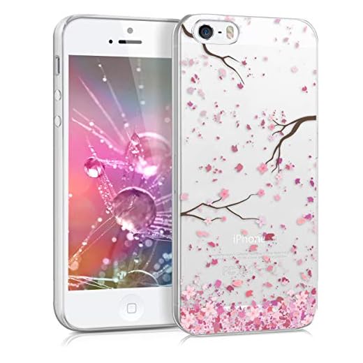 kwmobile Case kompatibel mit Apple iPhone SE (1.Gen 2016) / iPhone 5 / iPhone 5S - Hülle Silikon transparent Kirschblütenblätter Rosa Dunkelbraun Transparent