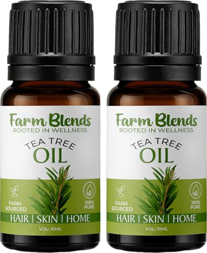 Image of Farm Blends Tea Tree Essential Oil 100% Undiluted Pure | Anti Dandruff, Anti Acne, Beard Care, Anti-Blemish, Boosts Energy, Diffuser| Farm To Home | Natural Australian | Melaleuca alternifolia|10ML + 10ML (Pack of 2)