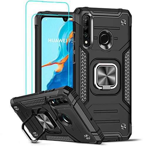 LeYi for Huawei P30 Lite/P30 Lite New Edition Case and Tempered Glass Screen Protector [2 Pack] Cover with Ring Holder Shockproof Protective Silicone Bumper Armour Hard Phone Case for P30 Lite Black