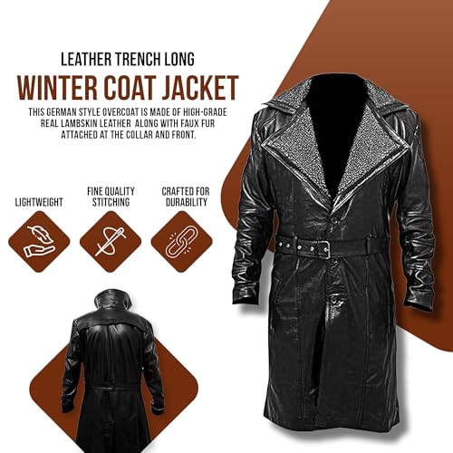 F&F Classic Men's WW2 German Military Black Belted Real Lambskin Leather Fur Collar Long Trench Winter Coat3