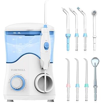 turewell electric oral irrigator professional oral irrigator with 10 adjustable water pressure values 600 ml capacity and 8 multifunctional nozzle tips white